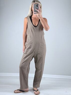 Sleeveless Utility Denim Jumpsuit Romper in Khaki